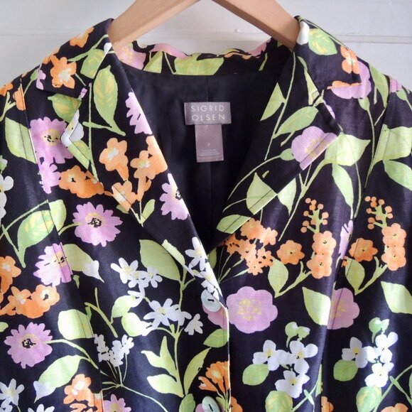 Sigrid Olsen Black & Orange Linen Blend Floral Jacket 8 - Picture 3 of 9
